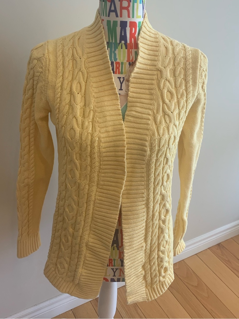 L.L. Bean Yellow Cable Knit Open Front Cardigan